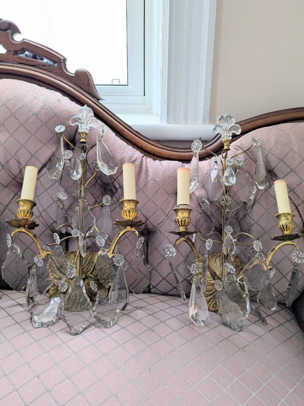 Pair Large French Louis XV Style Gilt Brass and Crystal Two-Light Wall Sconces